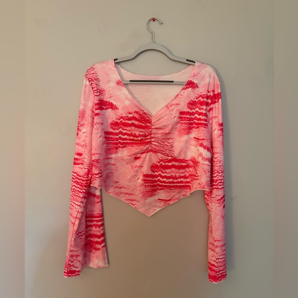 Tie Dye V Neck Long Sleeve Cropped Top - Picture 1 of 7
